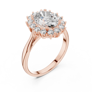 Rose gold oval halo lab grown diamond engagement ring, side view