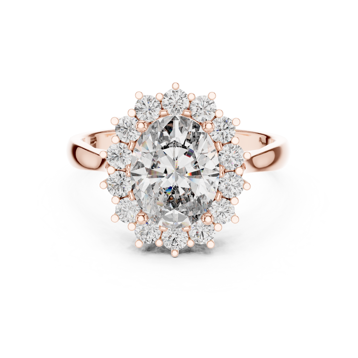 Rose gold oval halo lab grown diamond engagement ring, angled view