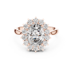 Rose gold oval halo lab grown diamond engagement ring, angled view