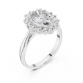 White gold oval halo lab grown diamond engagement ring, side view