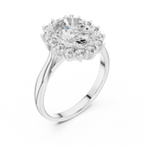 White gold oval halo lab grown diamond engagement ring, side view