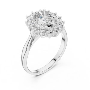 White gold oval halo lab grown diamond engagement ring, side view