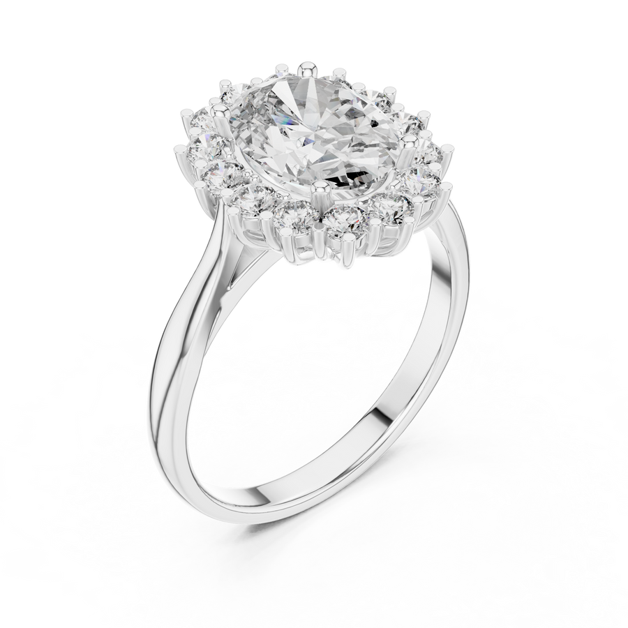 White gold oval halo lab grown diamond engagement ring, side view
