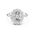 White gold oval halo lab grown diamond engagement ring, angled view