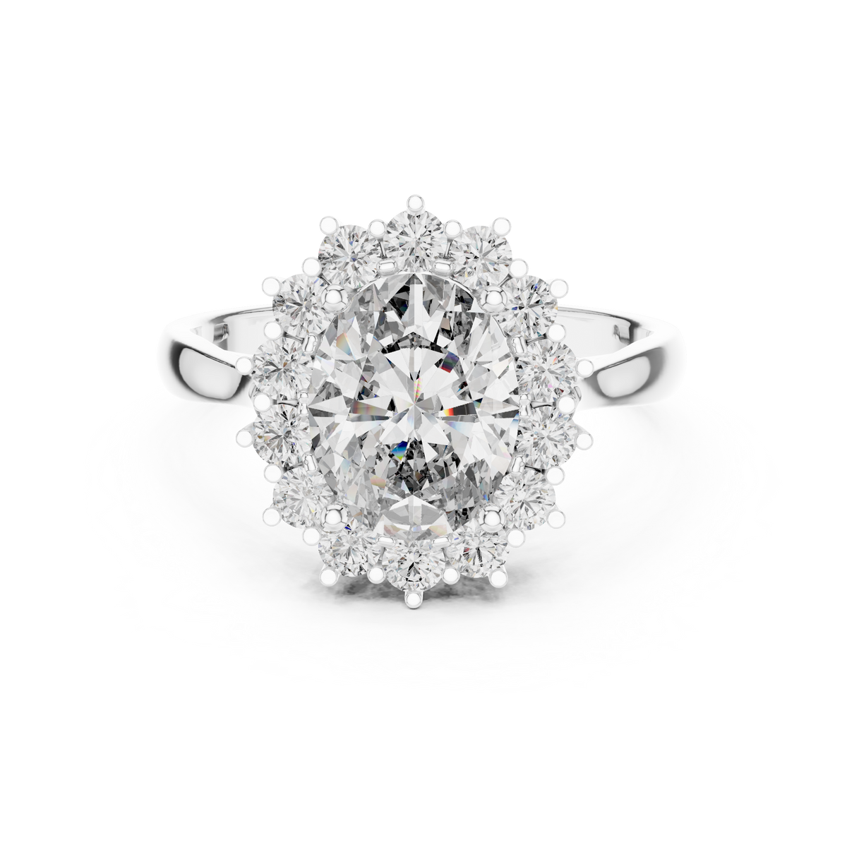 White gold oval halo lab grown diamond engagement ring, angled view