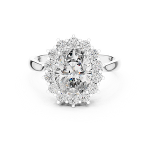White gold oval halo lab grown diamond engagement ring, angled view
