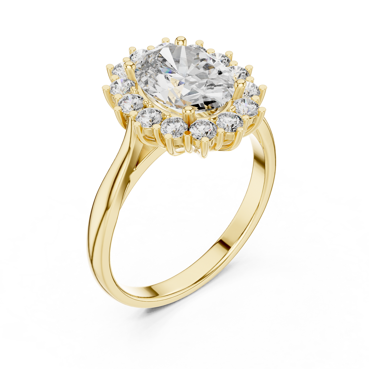 Yellow gold oval halo lab grown diamond engagement ring, side view