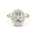 Yellow gold oval halo lab grown diamond engagement ring, angled view