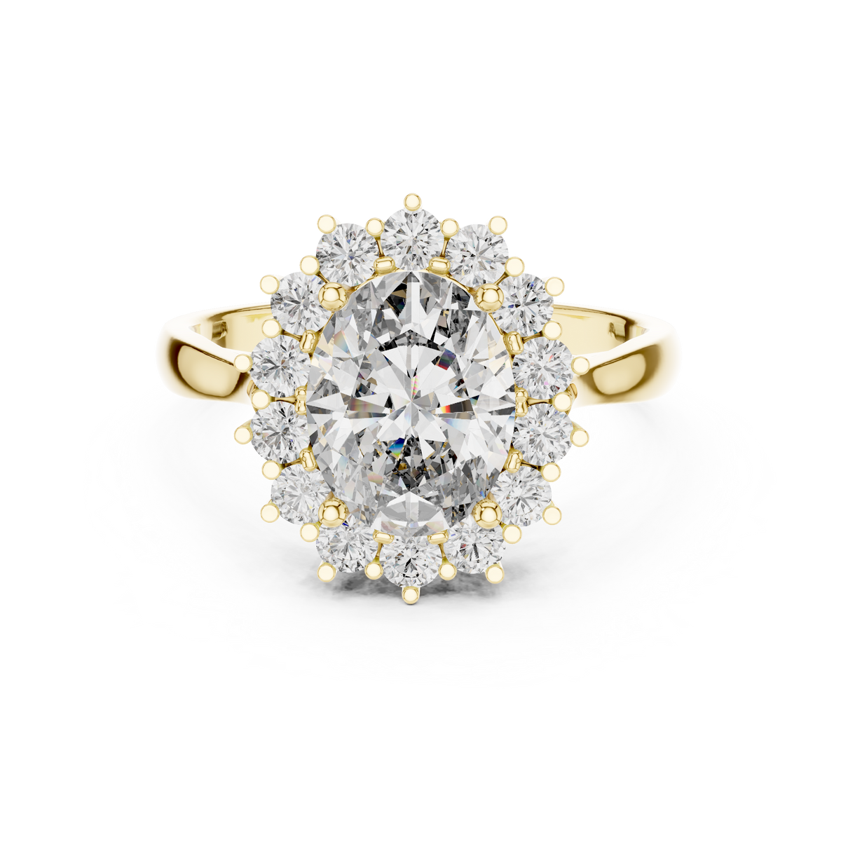 Yellow gold oval halo lab grown diamond engagement ring, angled view