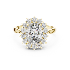 Yellow gold oval halo lab grown diamond engagement ring, angled view