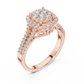 Rose gold round halo lab grown diamond engagement ring, side view