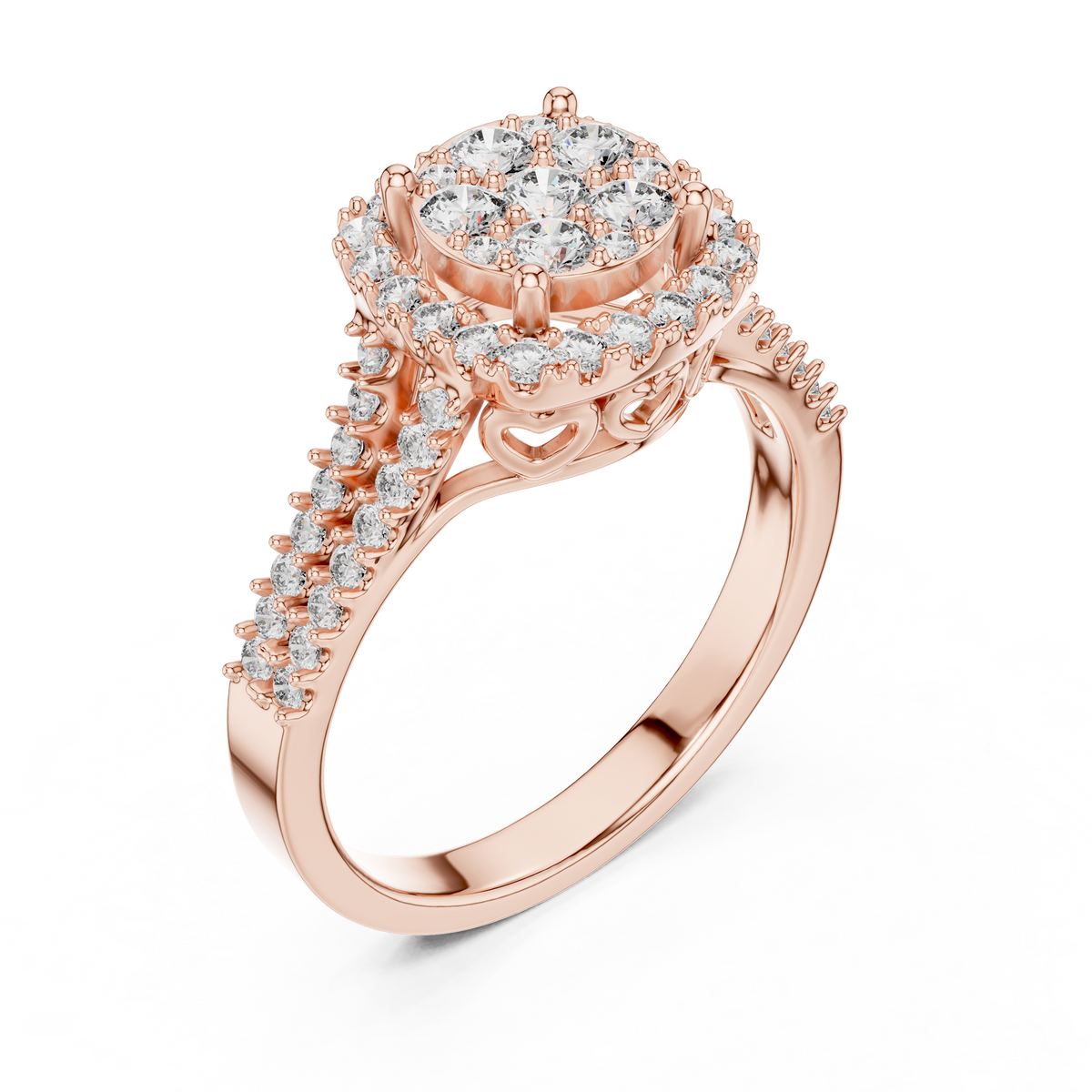 Rose gold round halo lab grown diamond engagement ring, side view