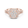 Rose gold round halo lab grown diamond engagement ring, angled view