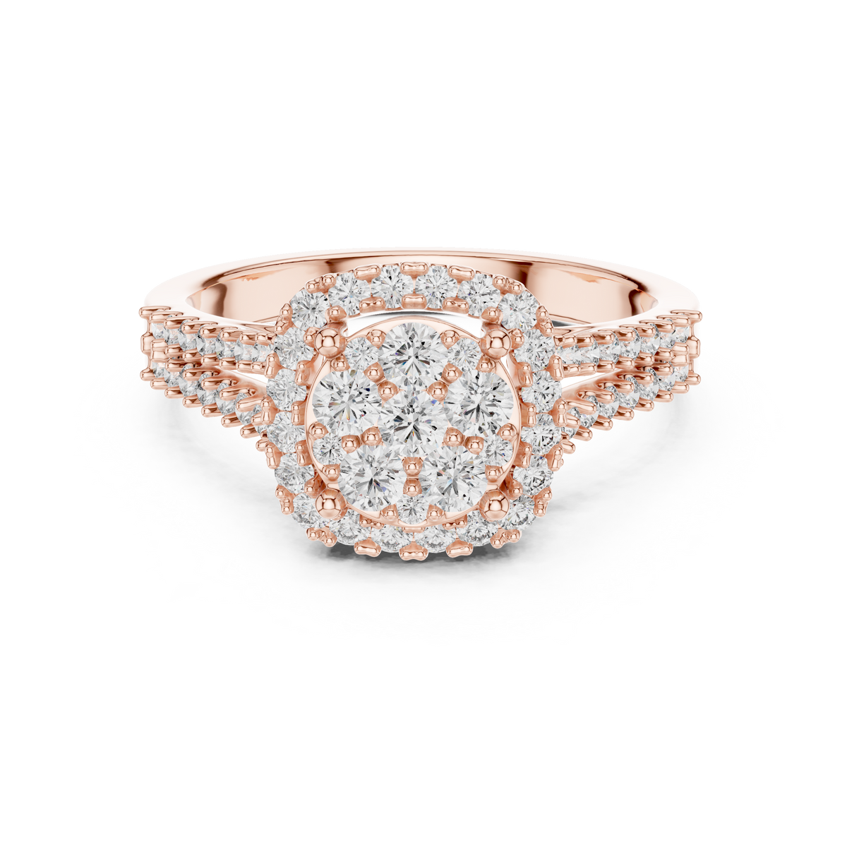 Rose gold round halo lab grown diamond engagement ring, angled view
