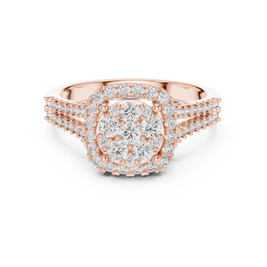 Rose gold round halo lab grown diamond engagement ring, angled view