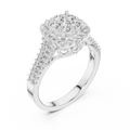 White gold round halo lab grown diamond engagement ring, side view
