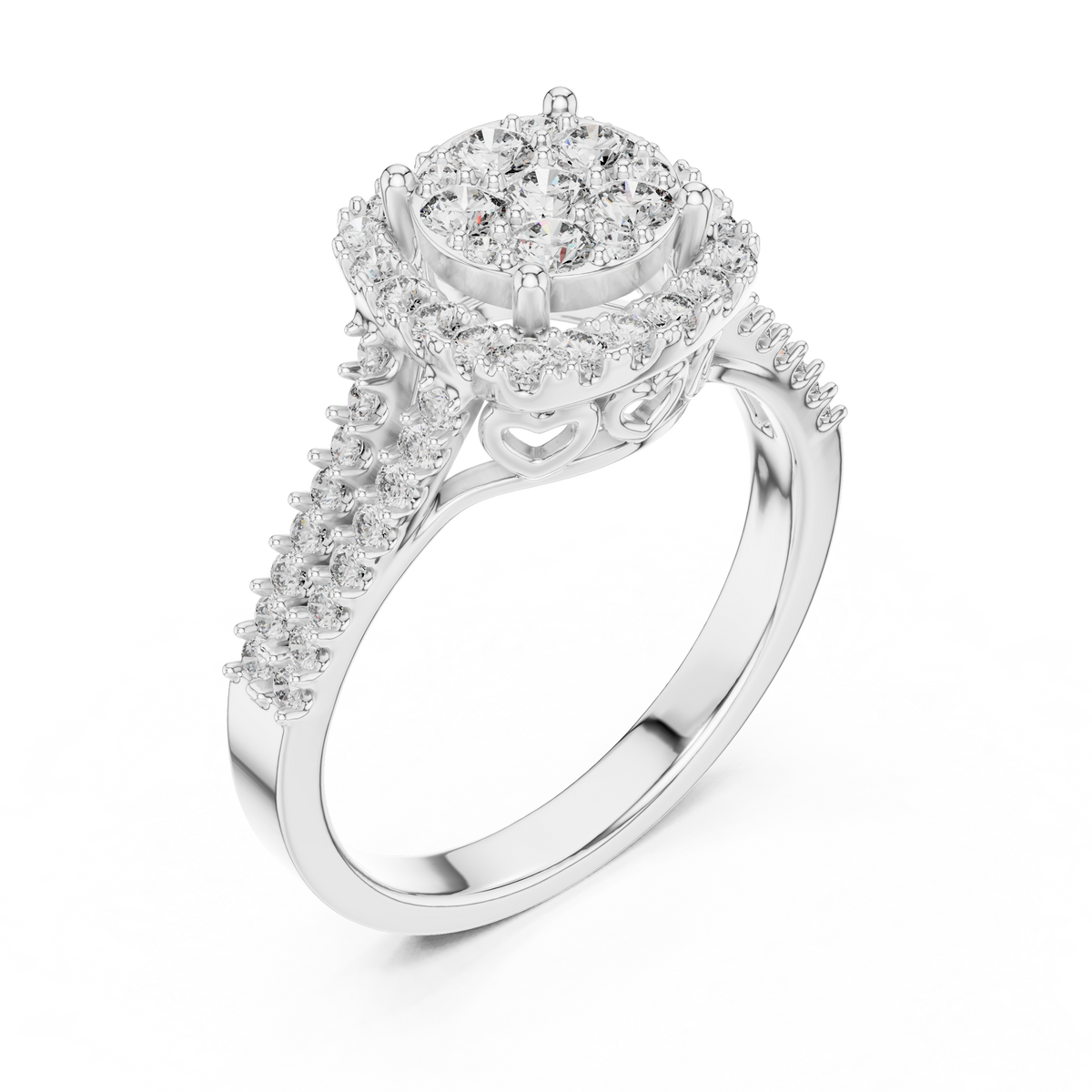 White gold round halo lab grown diamond engagement ring, side view