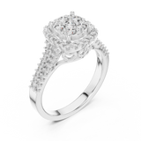 White gold round halo lab grown diamond engagement ring, side view
