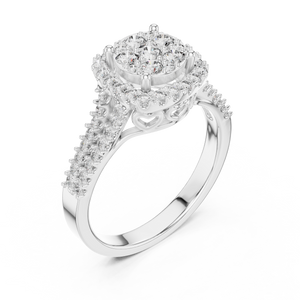 White gold round halo lab grown diamond engagement ring, side view
