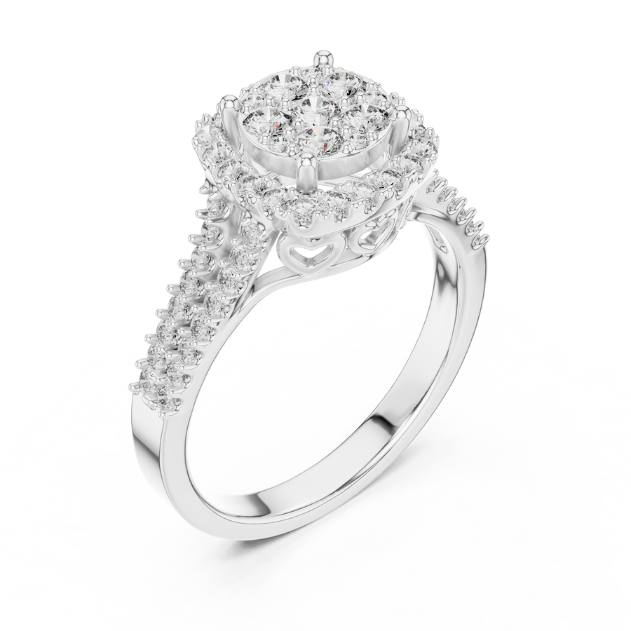 White gold round halo lab grown diamond engagement ring, side view