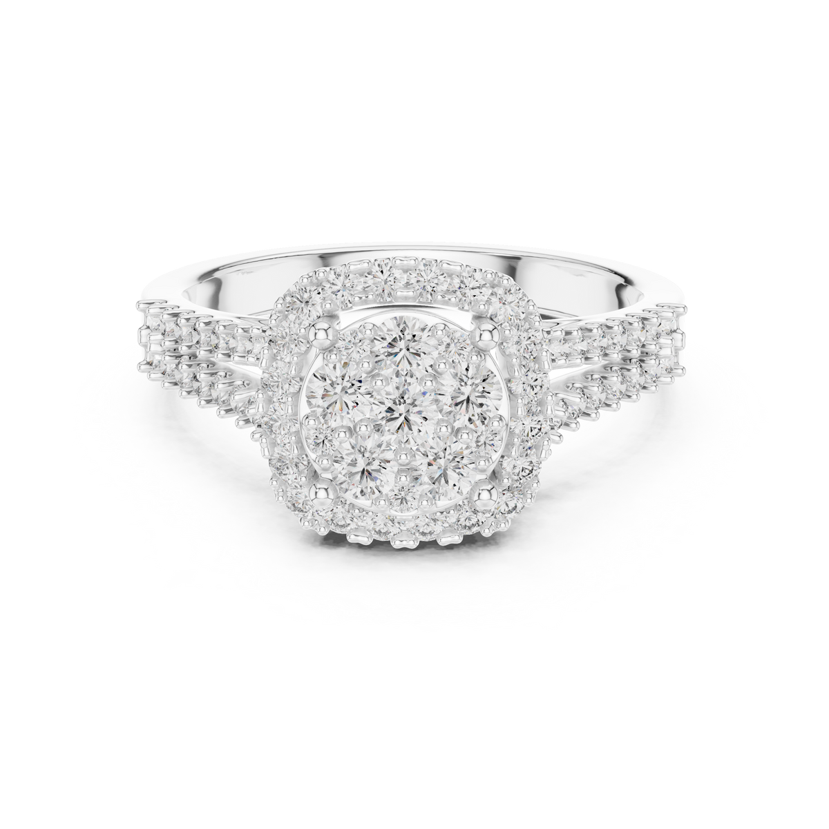 White gold round halo lab grown diamond engagement ring, angled view