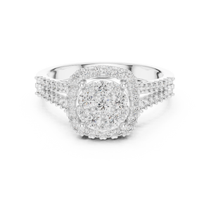 White gold round halo lab grown diamond engagement ring, angled view