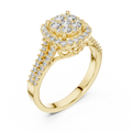 Yellow gold round halo lab grown diamond engagement ring, side view