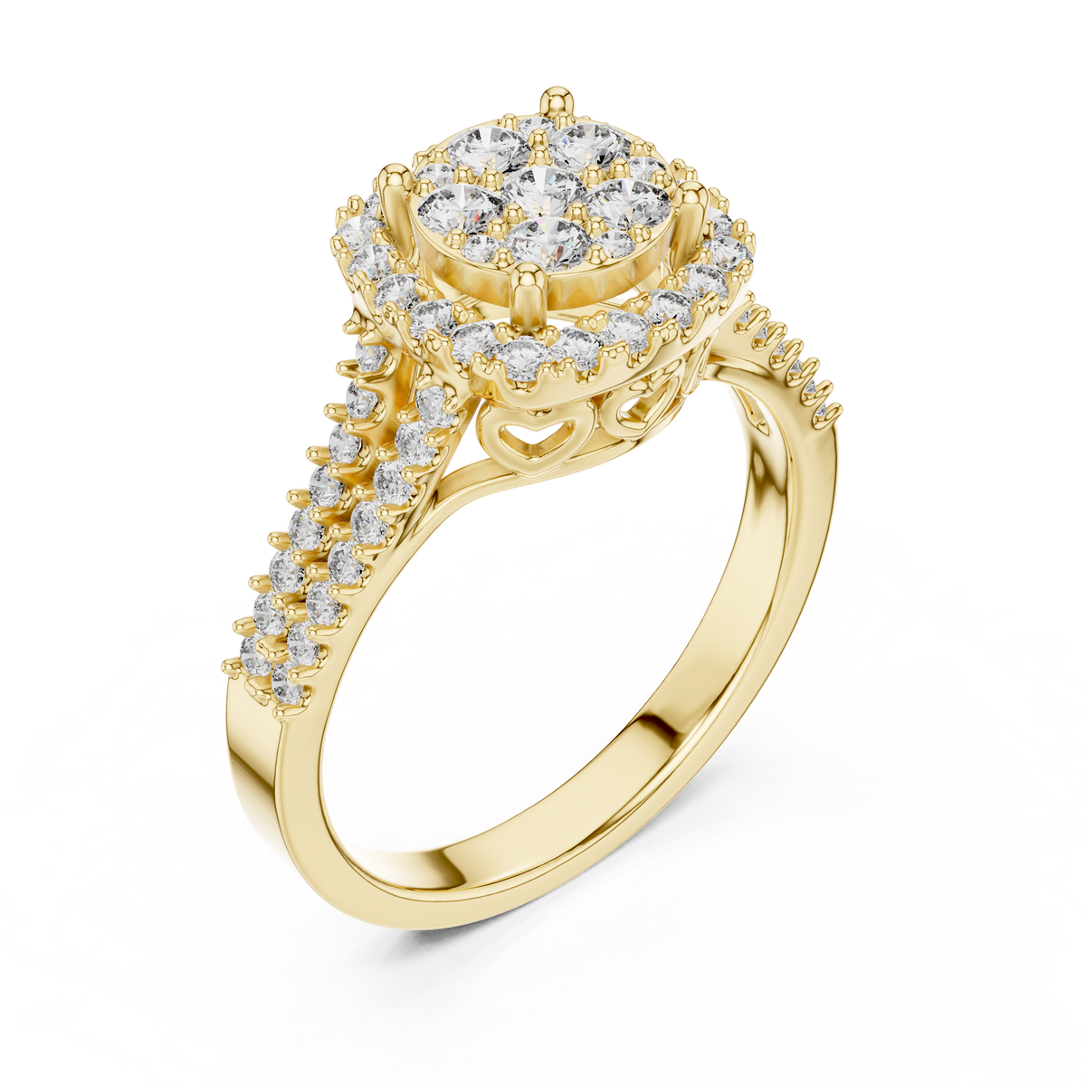 Yellow gold round halo lab grown diamond engagement ring, side view