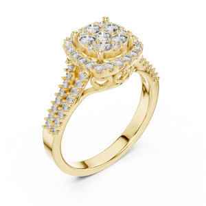 Yellow gold round halo lab grown diamond engagement ring, side view