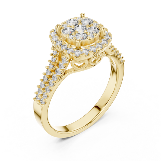 Yellow gold round halo lab grown diamond engagement ring, side view