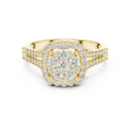 Yellow gold round halo lab grown diamond engagement ring, angled view