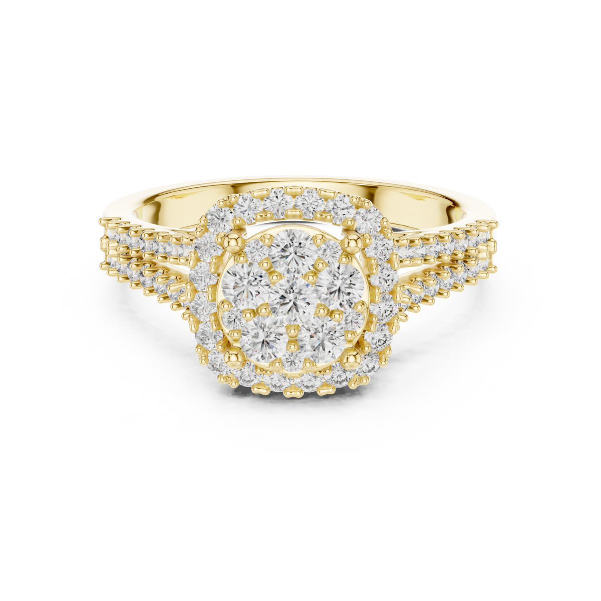 Yellow gold round halo lab grown diamond engagement ring, angled view