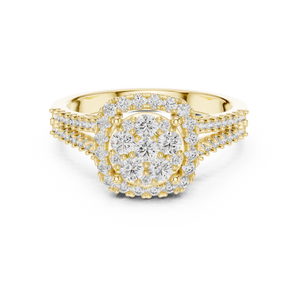 Yellow gold round halo lab grown diamond engagement ring, angled view