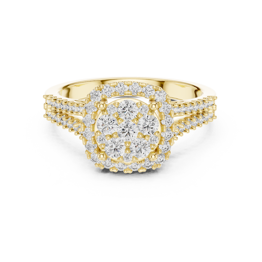 Yellow gold round halo lab grown diamond engagement ring, angled view