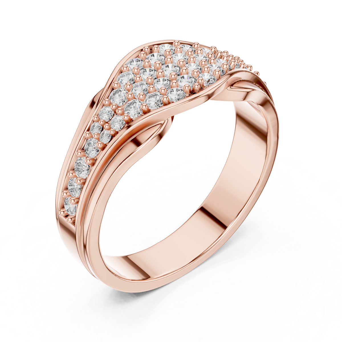 Rose gold round pave crossover lab grown diamond wedding band, side view