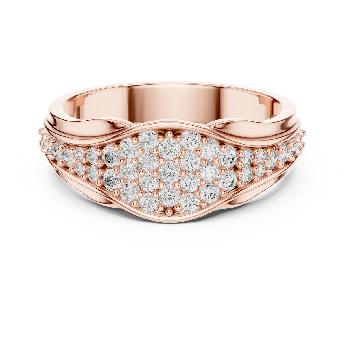 Rose gold round pave crossover lab grown diamond wedding band, angled view