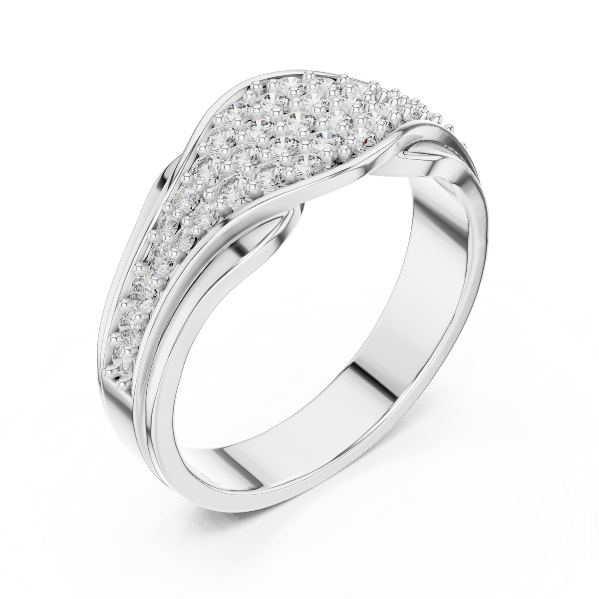White gold round pave crossover lab grown diamond wedding band, side view