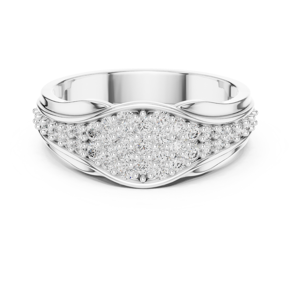 White gold round pave crossover lab grown diamond wedding band, angled view