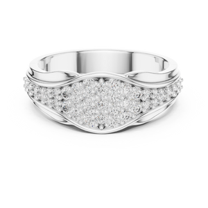 White gold round pave crossover lab grown diamond wedding band, angled view