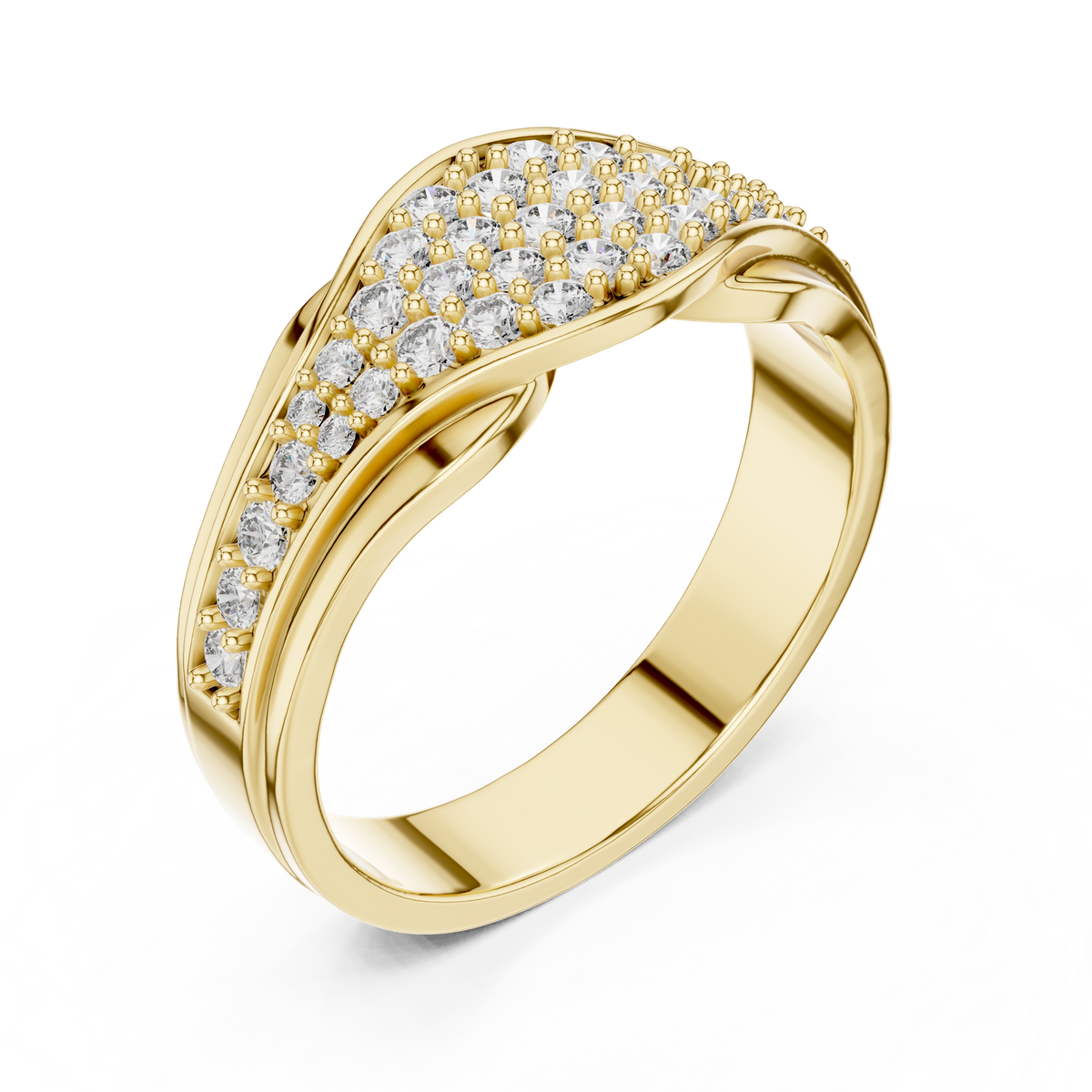 Yellow gold round pave crossover lab grown diamond wedding band, side view