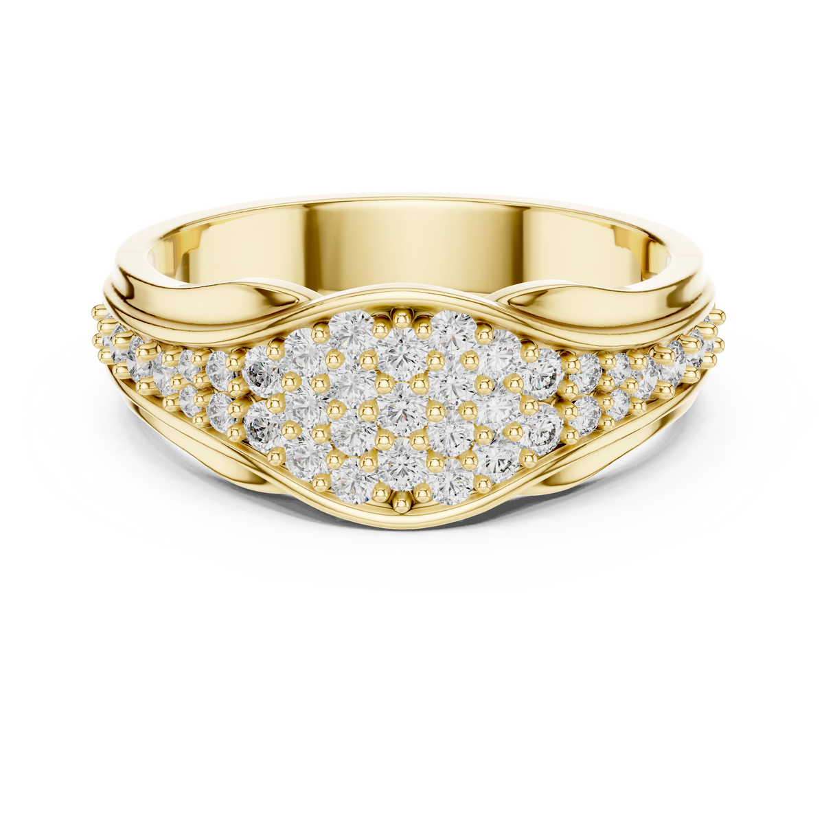 Yellow gold round pave crossover lab grown diamond wedding band, angled view