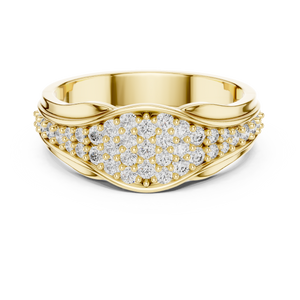 Yellow gold round pave crossover lab grown diamond wedding band, angled view