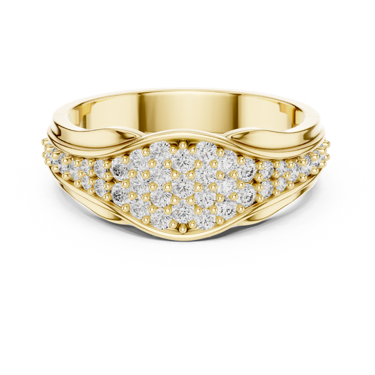 Yellow gold round pave crossover lab grown diamond wedding band, angled view