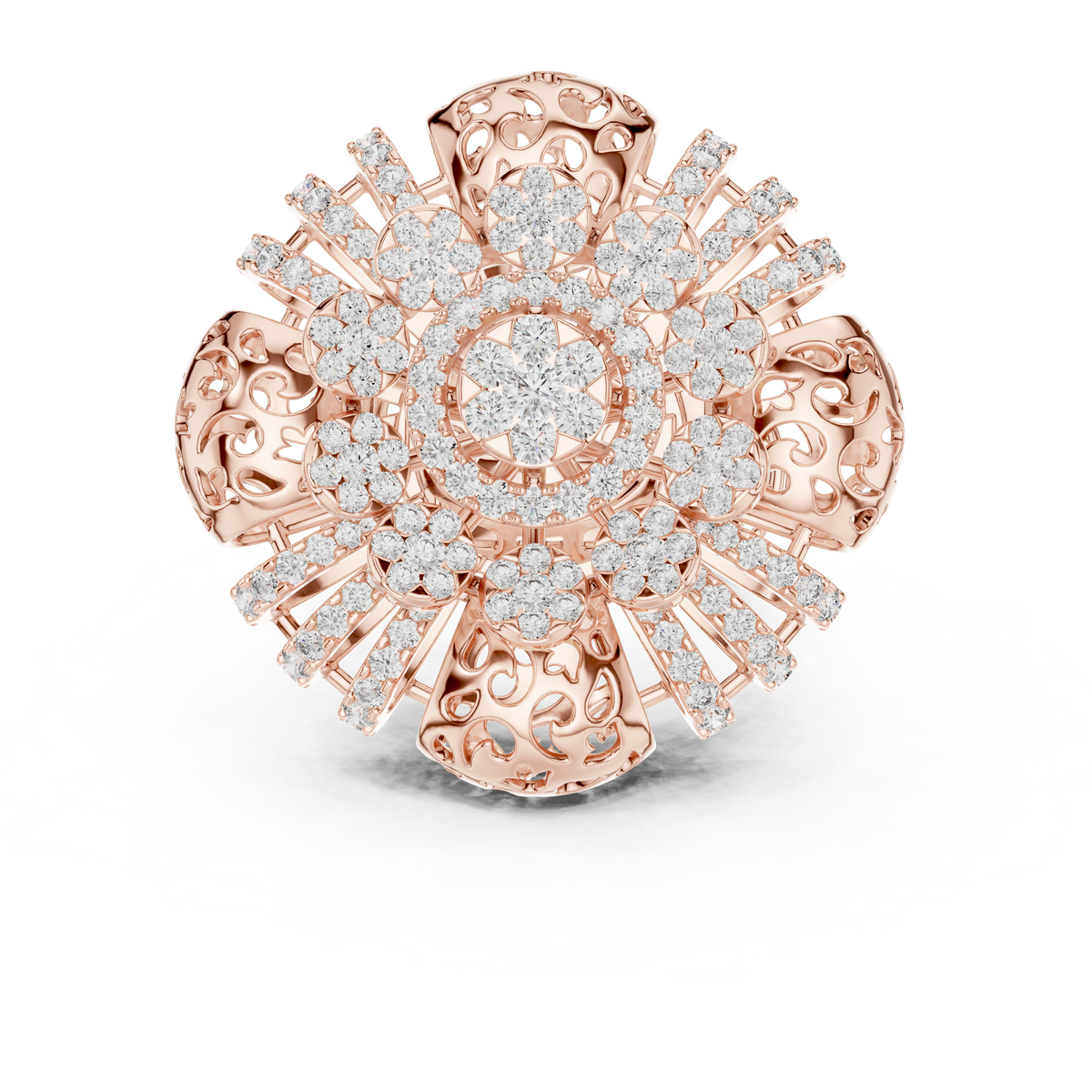 Rose gold round flower lab grown diamond cocktail ring, angled view