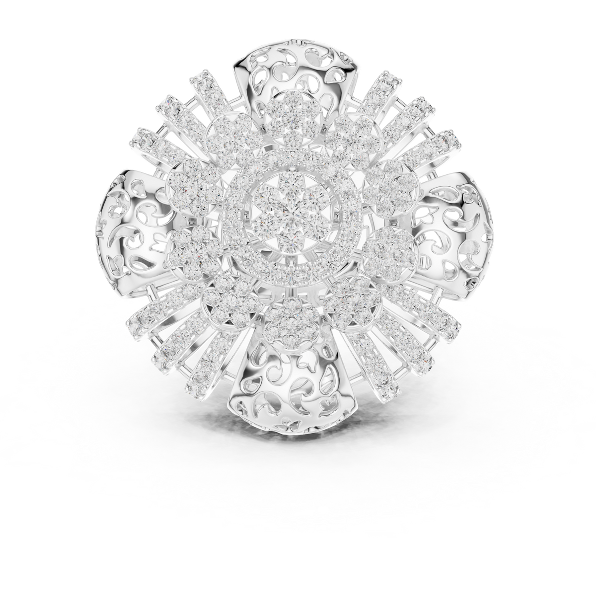 White gold round flower lab grown diamond cocktail ring, angled view