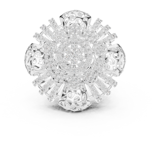 White gold round flower lab grown diamond cocktail ring, angled view