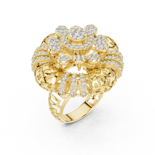 Yellow gold round flower lab grown diamond cocktail ring, side view