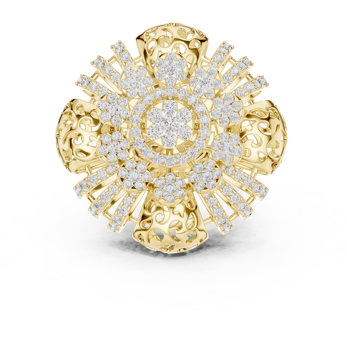 Yellow gold round flower lab grown diamond cocktail ring, angled view