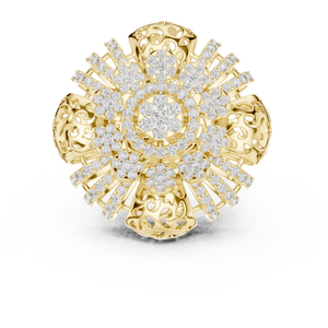 Yellow gold round flower lab grown diamond cocktail ring, angled view