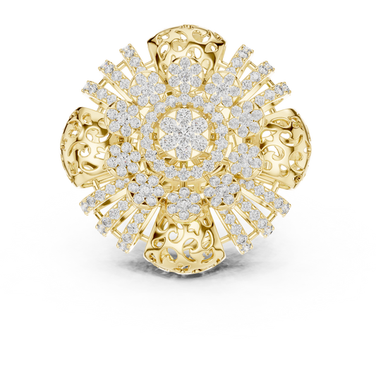 Yellow gold round flower lab grown diamond cocktail ring, angled view